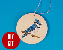 Load image into Gallery viewer, Barnaby blue jay cross stitch ornament kit