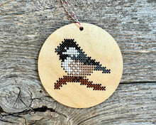 Load image into Gallery viewer, Chickadee cross stitch ornament kit
