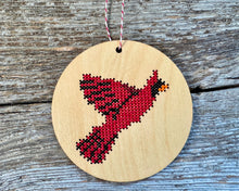 Load image into Gallery viewer, Flying cardinal ornament cross stitch ornament kit