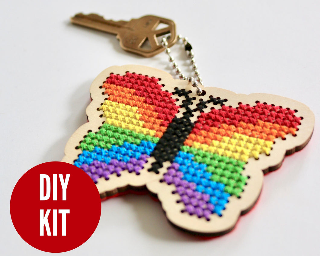 Rainbow butterfly laser cut wood cross stitch kit