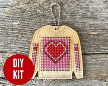 Load image into Gallery viewer, Valentine's heart "ugly sweater" cross stitch ornament kit