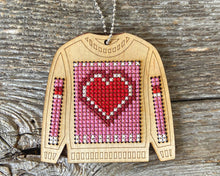 Load image into Gallery viewer, Valentine's heart "ugly sweater" cross stitch ornament kit