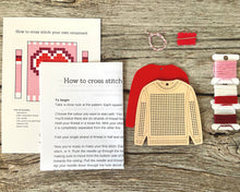 Load image into Gallery viewer, Valentine's heart "ugly sweater" cross stitch ornament kit