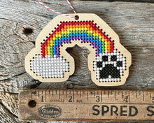 Load image into Gallery viewer, Paw print rainbow cross stitch ornament kit