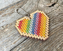 Load image into Gallery viewer, Rainbow heart DIY laser cut wood cross stitch kit