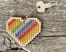 Load image into Gallery viewer, Rainbow heart DIY laser cut wood cross stitch kit