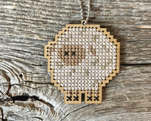Load image into Gallery viewer, White sheep cross stitch kit on laser cut wood