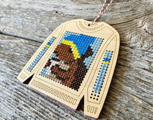 Load image into Gallery viewer, Ugly sweater cross stitch kit with squirrel drinking coffee
