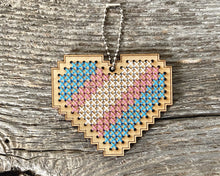 Load image into Gallery viewer, Transgender pride flag heart DIY laser cut wood cross stitch kit