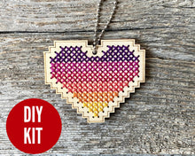 Load image into Gallery viewer, Tropical sunset heart DIY laser cut wood cross stitch kit