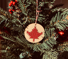 Load image into Gallery viewer, Cross stitch Canadian mini maple leaf laser cut wood Christmas tree ornament by Canadian Stitchery