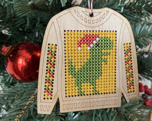 Load image into Gallery viewer, Ugly sweater T. Rex cross stitch ornament kit