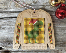 Load image into Gallery viewer, Ugly sweater T. Rex cross stitch ornament kit