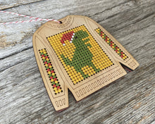 Load image into Gallery viewer, Ugly sweater T. Rex cross stitch ornament kit