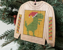 Load image into Gallery viewer, Ugly sweater T. Rex cross stitch ornament kit