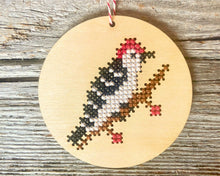 Load image into Gallery viewer, Woodpecker cross stitch ornament kit
