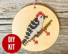 Load image into Gallery viewer, Woodpecker cross stitch ornament kit
