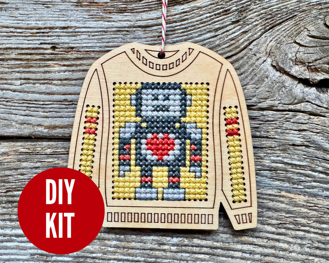 Love robot ugly sweater cross stitch kit