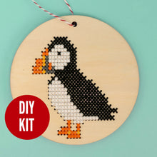 Load image into Gallery viewer, Puffin cross stitch ornament kit
