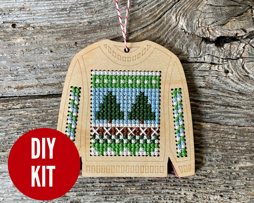 Ugly sweater with Scandinavian design cross stitch ornament kit