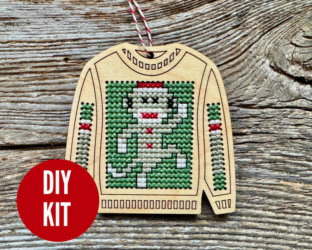 Sock monkey ugly sweater cross stitch kit