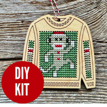 Load image into Gallery viewer, Sock monkey ugly sweater cross stitch kit
