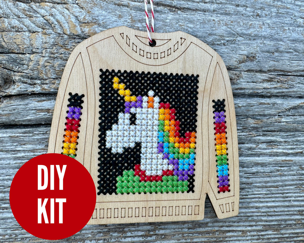 Unicorn sweater cross stitch kit