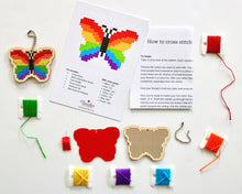 Load image into Gallery viewer, Rainbow butterfly laser cut wood cross stitch kit
