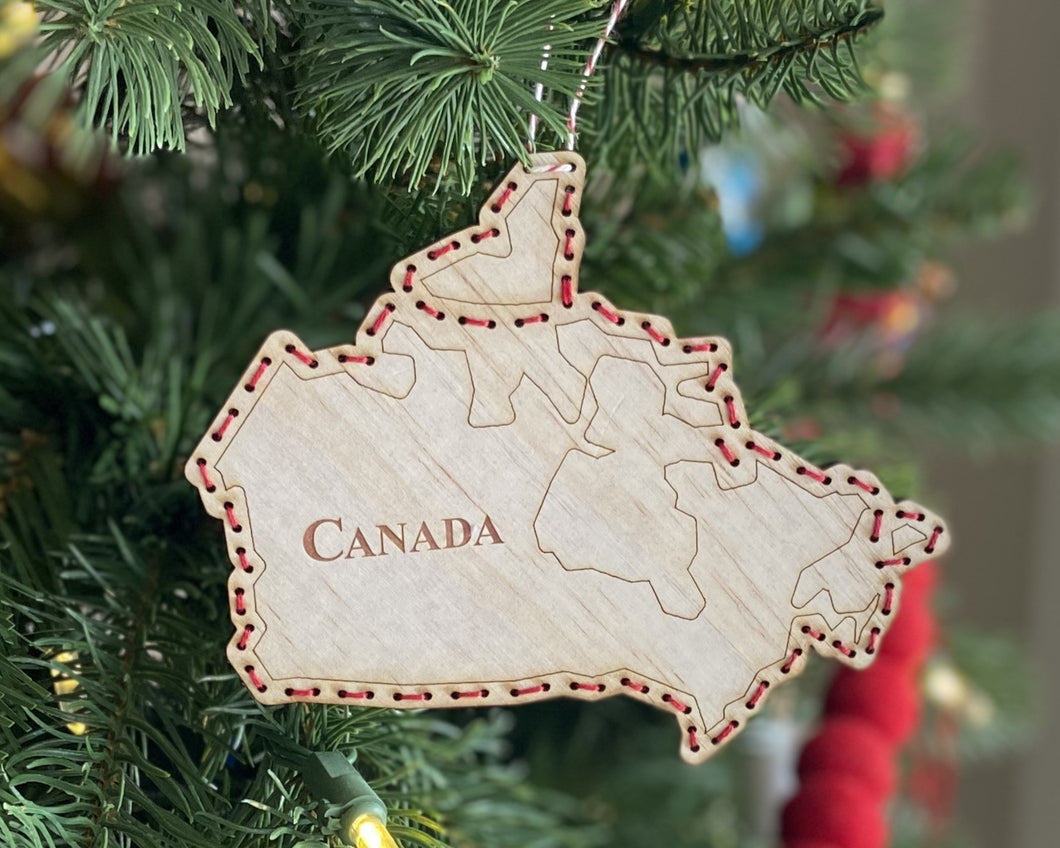 Canada hand-stitched laser cut wood ornament