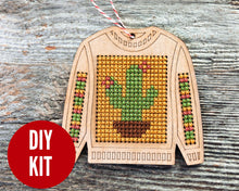 Load image into Gallery viewer, Ugly sweater Christmas cactus cross stitch ornament kit
