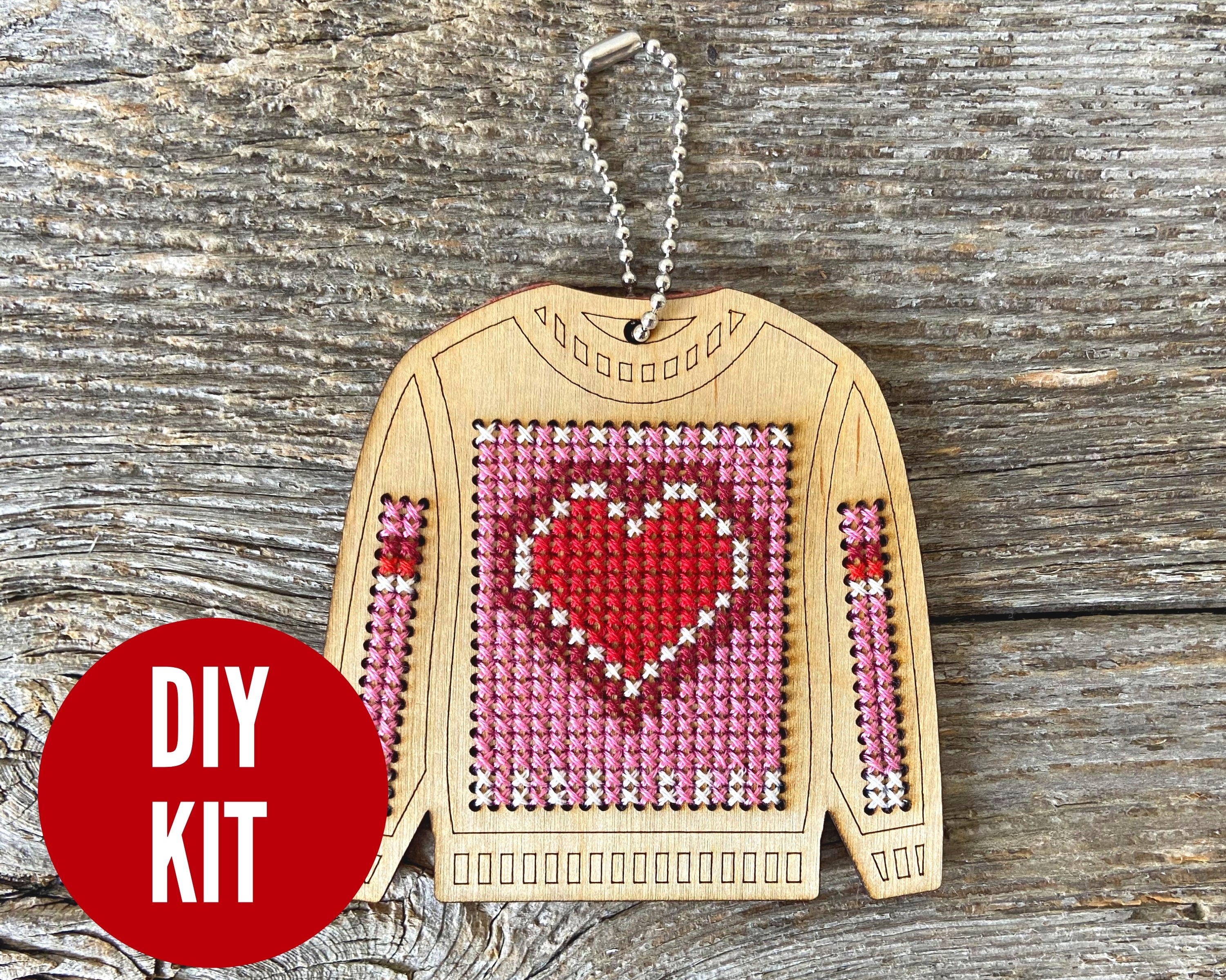 Valentine's heart "ugly sweater" cross stitch ornament kit