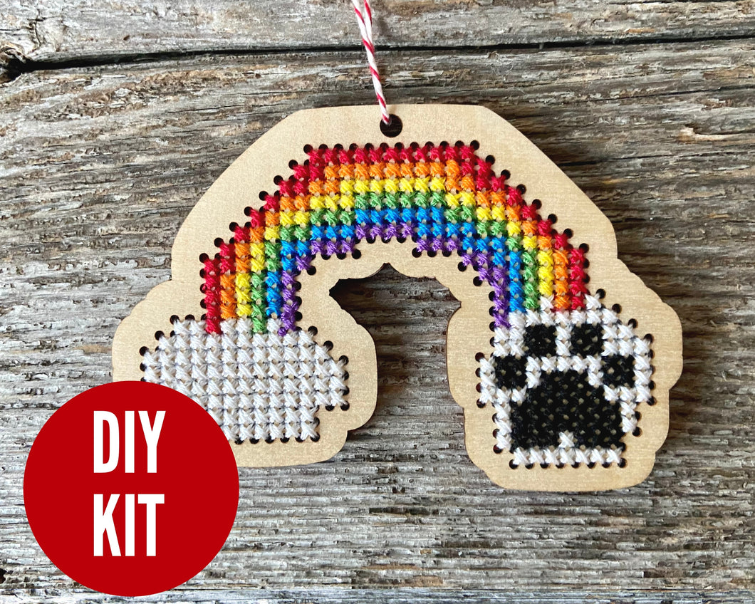 Paw print rainbow cross stitch ornament kit