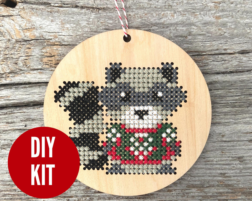 Roncy Raccoon cross stitch ornament kit