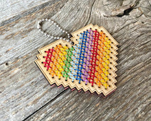 Load image into Gallery viewer, Rainbow heart DIY laser cut wood cross stitch kit
