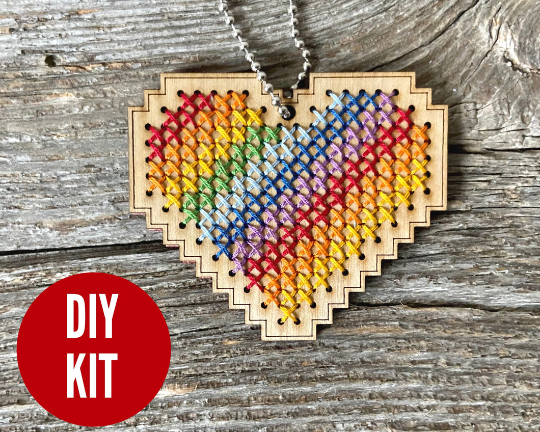 Rainbow heart DIY laser cut wood cross stitch kit
