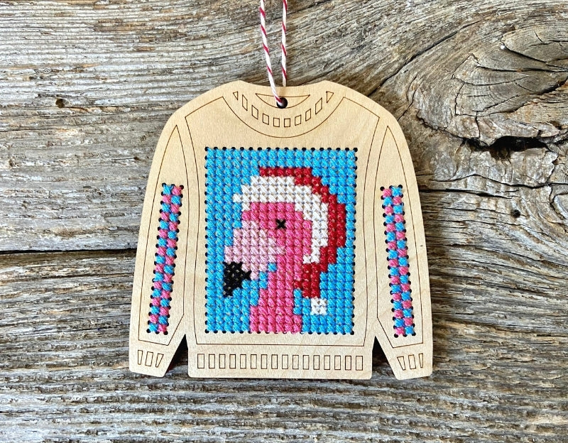 Flamingo ugly sweater cross stitch kit