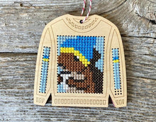 Load image into Gallery viewer, Ugly sweater cross stitch kit with squirrel drinking coffee
