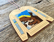 Load image into Gallery viewer, Ugly sweater cross stitch kit with squirrel drinking coffee
