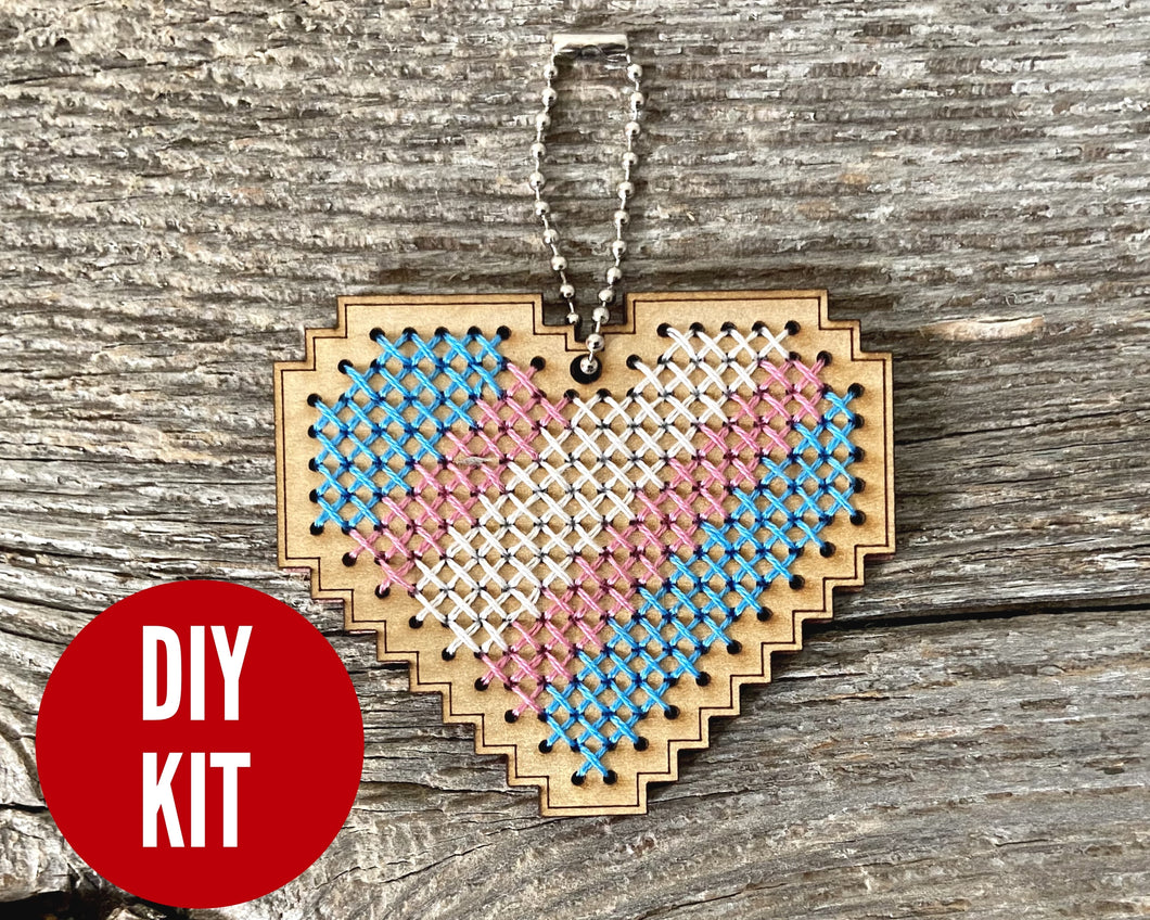 Transgender pride flag heart DIY laser cut wood cross stitch kit