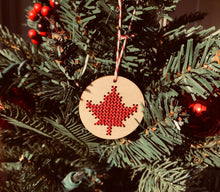 Load image into Gallery viewer, Cross stitch Canadian mini maple leaf laser cut wood Christmas tree ornament by Canadian Stitchery

