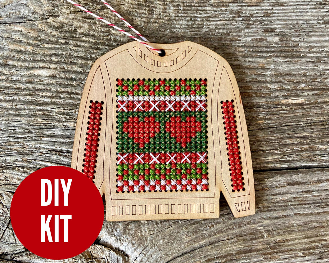 Ugly sweater with Nordic design cross stitch ornament kit