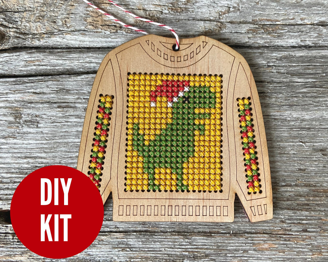 Ugly sweater T. Rex cross stitch ornament kit