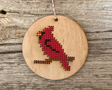 Load image into Gallery viewer, Cardinal ornament - easy DIY cross stitch kit - laser cut wood cross stitch project for beginners - by Canadian Stitchery
