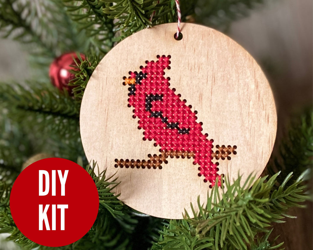 Cardinal ornament - easy DIY cross stitch kit - laser cut wood cross stitch project for beginners - by Canadian Stitchery
