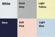 Load image into Gallery viewer, 14 Count DMC Charles Craft AIDA Gold Standard 15&quot; x 18&quot; cross stitch needlepoint embroidery fabric in pink, yellow, dove grey, navy &amp; white
