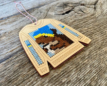 Load image into Gallery viewer, Tree ornament cross stitch on wood featuring squirrel drinking coffee on ugly Christmas sweater FREE SHIPPING

